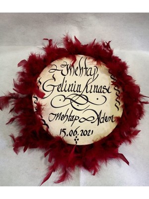 Bordo Kına Gecesi Gelin Defi, Tüylü ve Kaligrafi Detaylı, 28 cm