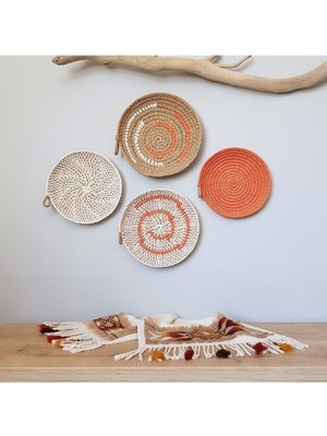 Afrika Etnik Dörtlü Hasır Tabak Seti, Bohem Tarz, Turuncu, Haki, Dekoratif Parçalar