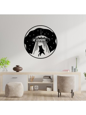 50X50 cm Uzaylı ve Kedi Ahşap Duvar Panosu, Şık ve Doğal Dekor.