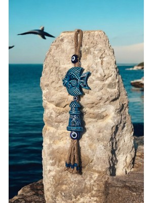 Renkli Seramik Deniz Feneri, Nazar Boncuklu, Çok Amaçlı Duvar Dekoru 9X40 cm