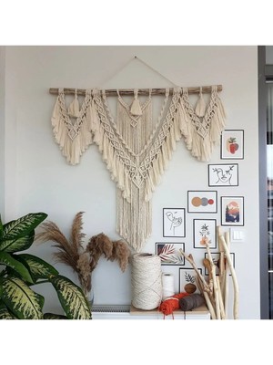 Makrome Duvar Süsü Ekru Ip Dekoratif Tasarım Hediye