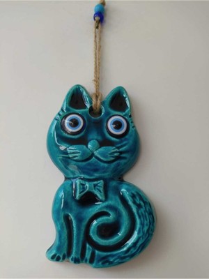 Turkuaz Renkli Kedi Figürlü Seramik Duvar Süsü, Şık ve Dekoratif Ev Aksesuarı