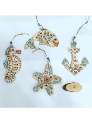 El Yapımı Turuncu Deniz Temalı 4'lü Dekoratif Duvar Süsü