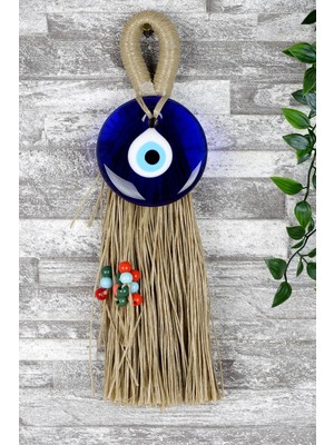 Mavi Süpürge Cam Nazarlık Hasır Rafya Ev ve Bahçe Dekorasyonu 9 cm