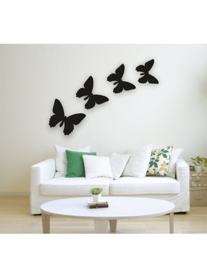 4'lü Kelebek Motif Ahşap Duvar Tablosu, Şık ve Dekoratif Siyah Süs