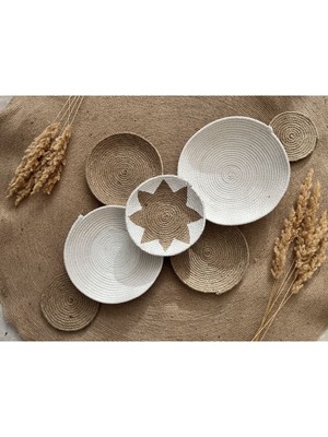 7 Parça Beyaz Jüt Duvar Tabağı, Makine Dikişli, Şık ve Modern Dekorasyon Parçası