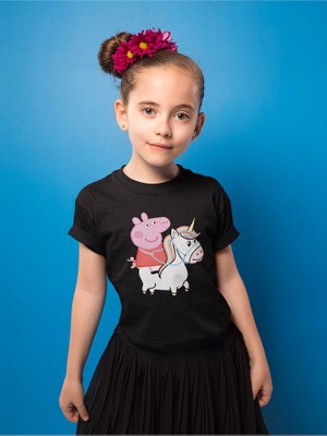 Peppa Pig Unicorn Baskılı Unisex Çizgi Film Çocuk Tişört (1-12 Yaş)