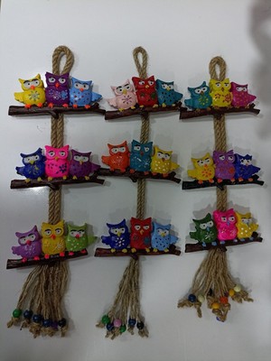 Renkli Hasır Ip Baykuş Duvar Süsü, Bahçe ve Balkon Dekorasyonu (3'lü Set)