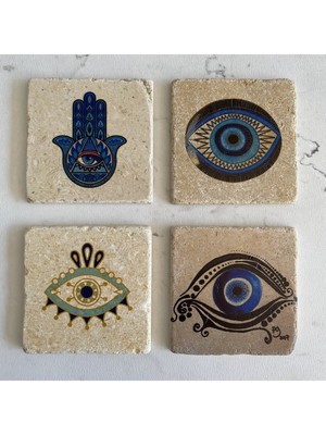 Renkli 4'lü Taş Bardak Altlığı Seti, Hamsa ve Nazar Boncuğu Detaylı