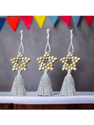 Bej Renkli Püsküllü Ahşap Boncuklu 3'lü Yıldız Duvar ve Kapı Süsü