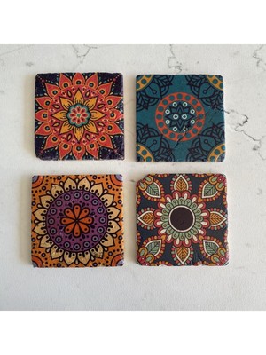 Renkli 4'lü Taş Bardak Altlığı Seti, Mandala Desenli, Şık ve Kullanışlı Tasarım