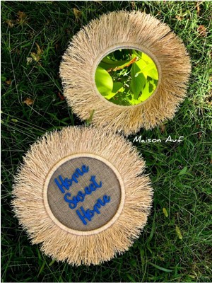 Kahverengi Rafya Ayna ve Duvar Süsü 2'li Set, Şık ve Doğal Dekor.