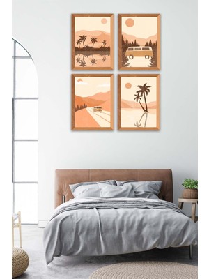 4 Parça Manzara Tablo Seti, Renkli ve Ahşap Çerçeve Görünümünde