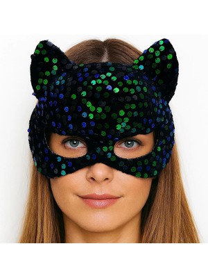 Siyah Kadife Kumaş Üzerine Mavi Yeşil Payetli Pullu Parti Maskesi 16X14 cm