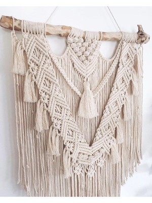 Ekru Makrome Püsküllü Duvar Dekoru, Şık ve Doğal Ev Aksesuarı