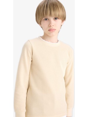 DeFacto Bisiklet Yaka Basic Düz Waffle Uzun Kollu Okul Tişörtü Erkek Çocuk V1186A625AU