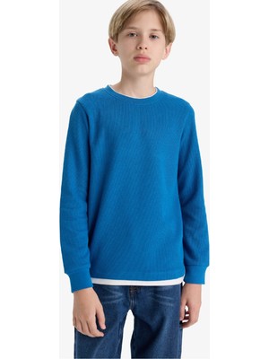 DeFacto Erkek Çocuk Bisiklet Yaka Basic Düz Waffle Uzun Kollu Okul Tişörtü V1186A625AU