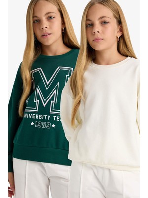 DeFacto Kız Çocuk Okul Relax Fit Bisiklet Yaka Baskılı 2'li Sweatshirt E6474A825AU