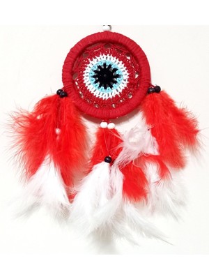 Kırmızı ve Beyaz Kuş Tüylü El Yapımı Mini Duvar Süsü