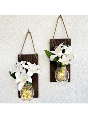 LED Işıklı Beyaz Lilyum Çiçekli Duvar Dekoru Ceviz Renkli Set