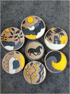 Şık Hasır Duvar Tabağı Seti 7'li, Ev Dekoru, Renkli ve Estetik Tasarım