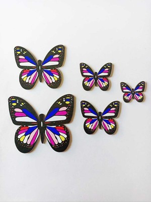 Kelebek Figürlü 5 Parça Ahşap Duvar Süsü, Siyah Renkli Dekoratif Parçalar