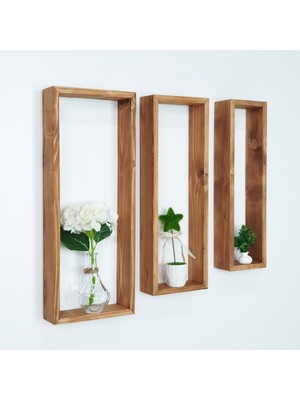 Kahverengi Ahşap 3'lü Dekoratif Duvar Rafı Çiçeklik ve Kitaplık Seti