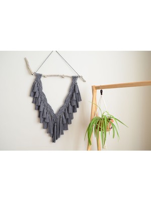 Gri Makrome Duvar Süsü, Şık ve Doğal Dekoratif Aksesuar.