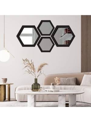 Şık Siyah Ahşap ve Aynalı Pleksi Duvar Süsü, 4 Parça Dekoratif Tasarım