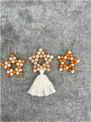 Renkli Püsküllü Ahşap Boncuklu Yıldız Duvar ve Kapı Süsü Seti