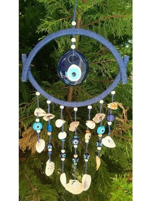 Renkli Deniz Kabuklu Hasır Duvar Süsü ve Rüzgar Çanı Takımı