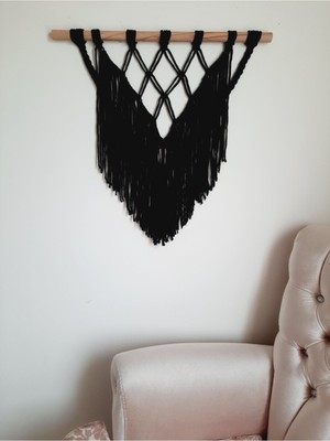 Şık Siyah Makrome Duvar Süsü 60×65CM, Dekoratif ve Modern Tasarım