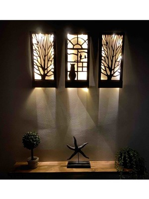 Kedi ve Kuş Desenli Ahşap Gece Lambası, 3'lü Set, 18X36 Cm, Peri Ledli, Şık Dekorasyon