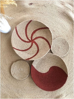 Turuncu Hasır Halat Ip Duvar Tabağı 4 Parça, Makine Dikişli, Yüksek Kalite