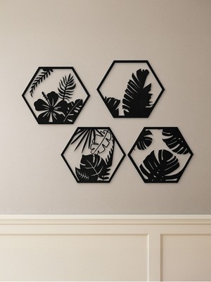 Tropikal Yaprak Desenli 4’lü Altıgen Siyah Ahşap Duvar Dekoru