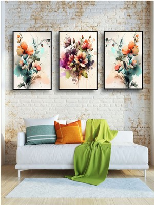 Renkli Çiçek Temalı 3'lü Tablo Seti, 30X40 Cm, Dekoratif ve Şık Tasarım