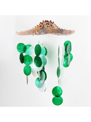 Beyaz ve Yeşil Renklerde Yıldızlı Sedefli Rüzgar Çanı, Şık Dekoratif Süs.