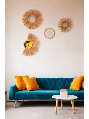 Beyaz Bohem Duvar Süsü Seti, Rafya ve Aynalı Tasarım, 4'lü Dekorasyon Parçası