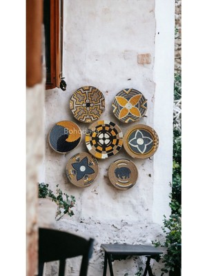 Şık Bohem Hasır Duvar Tabağı Seti 7'li, Afrika Tarzı Dekoratif Sepetler