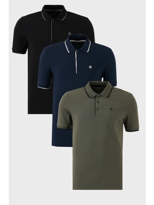 Buratti Pamuklu Slim Fit Şerit Detaylı Düğmeli Polo Yaka 3'lü Paket T Shirt Erkek T Shirt 5902118S3