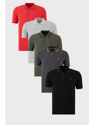 Buratti Pamuklu Slim Fit Şerit Detaylı Düğmeli Polo Yaka 5'li Paket T Shirt Erkek T Shirt 5902118S5