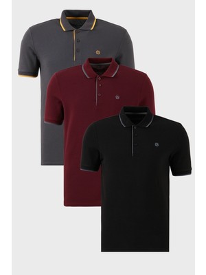 Buratti Pamuklu Slim Fit Şerit Detaylı Düğmeli Polo Yaka 3'lü Paket T Shirt Erkek T Shirt 5902118S3