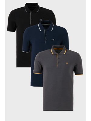 Buratti Pamuklu Slim Fit Şerit Detaylı Düğmeli Polo Yaka 3'lü Paket T Shirt Erkek T Shirt 5902118S3