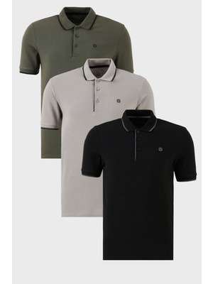 Buratti Pamuklu Slim Fit Şerit Detaylı Düğmeli Polo Yaka 3'lü Paket T Shirt Erkek T Shirt 5902118S3