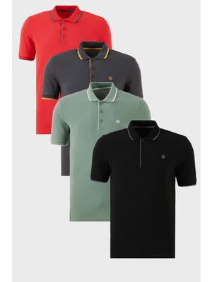 Buratti Pamuklu Slim Fit Şerit Detaylı Düğmeli Polo Yaka 4'lü Paket T Shirt Erkek T Shirt 5902118S4