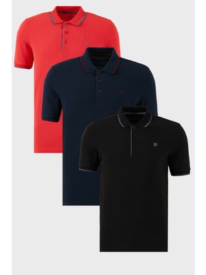 Buratti Pamuklu Slim Fit Şerit Detaylı Düğmeli Polo Yaka 3'lü Paket T Shirt Erkek T Shirt 5902118S3