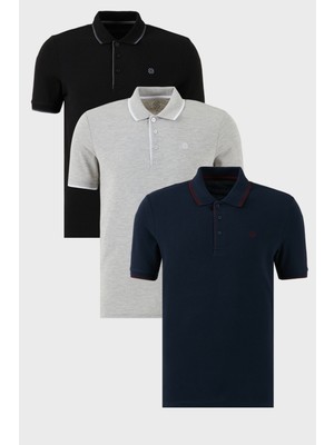 Buratti Pamuklu Slim Fit Şerit Detaylı Düğmeli Polo Yaka 3'lü Paket T Shirt Erkek T Shirt 5902118S3