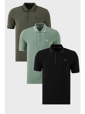 Buratti Pamuklu Slim Fit Şerit Detaylı Düğmeli Polo Yaka 3'lü Paket T Shirt Erkek T Shirt 5902118S3