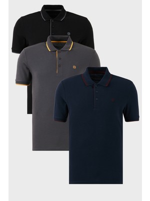 Buratti Pamuklu Slim Fit Şerit Detaylı Düğmeli Polo Yaka 3'lü Paket T Shirt Erkek T Shirt 5902118S3