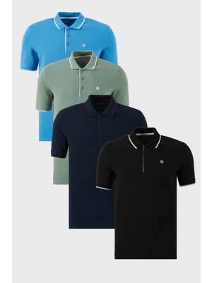 Buratti Pamuklu Slim Fit Şerit Detaylı Düğmeli Polo Yaka 4'lü Paket T Shirt Erkek T Shirt 5902118S4